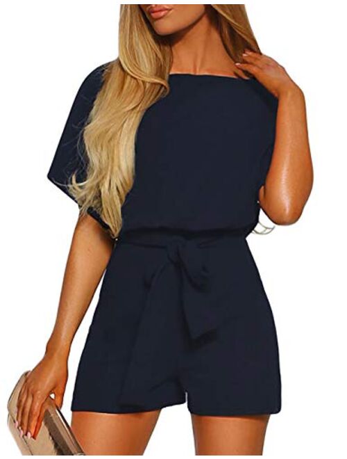 Vetinee Womens Summer Belted Romper Keywhole Back Short Sleeve Jumpsuit Playsuit