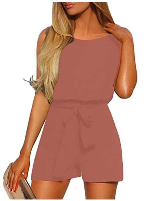 Vetinee Womens Summer Belted Romper Keywhole Back Short Sleeve Jumpsuit Playsuit