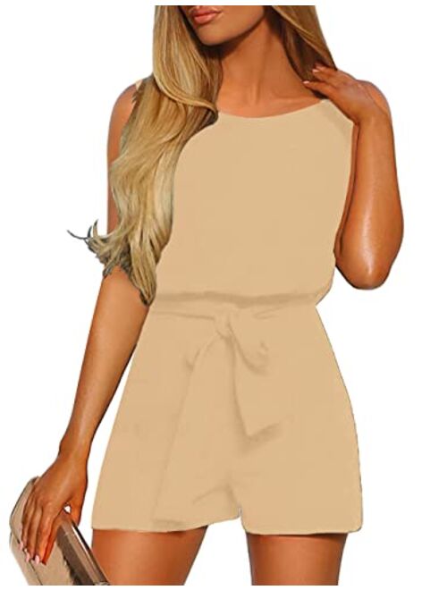 Vetinee Womens Summer Belted Romper Keywhole Back Short Sleeve Jumpsuit Playsuit