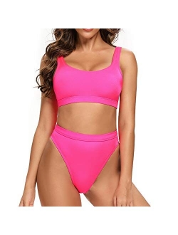 Dixperfect Two Pieces Bikini Sets Swimsuit Sports Style Low Scoop Crop Top High Waisted High Cut Cheeky Bottom