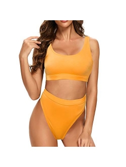 Dixperfect Two Pieces Bikini Sets Swimsuit Sports Style Low Scoop Crop Top High Waisted High Cut Cheeky Bottom