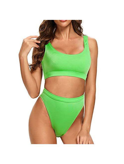 Dixperfect Two Pieces Bikini Sets Swimsuit Sports Style Low Scoop Crop Top High Waisted High Cut Cheeky Bottom