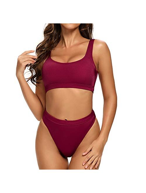 Dixperfect Two Pieces Bikini Sets Swimsuit Sports Style Low Scoop Crop Top High Waisted High Cut Cheeky Bottom