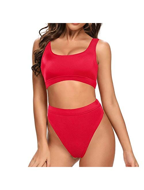 Dixperfect Two Pieces Bikini Sets Swimsuit Sports Style Low Scoop Crop Top High Waisted High Cut Cheeky Bottom