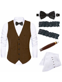 Mens 1920s Accessories Gangster Stripe Vest Set - Gangster Spats,Armbands,Pre Tied Bow Tie,Toy Fake Cigar