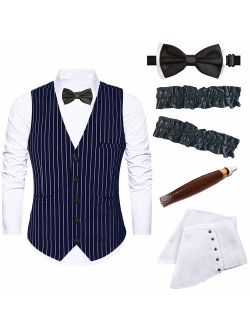 Mens 1920s Accessories Gangster Stripe Vest Set - Gangster Spats,Armbands,Pre Tied Bow Tie,Toy Fake Cigar