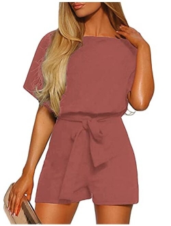 LookbookStore Women Mesh Panel Bell Sleeve Self-Tie Belted Short Romper Jumpsuits