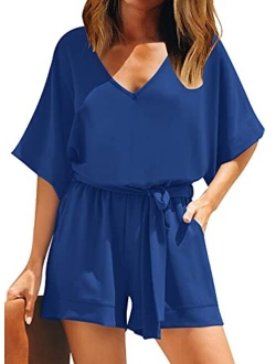 LookbookStore Women Mesh Panel Bell Sleeve Self-Tie Belted Short Romper Jumpsuits