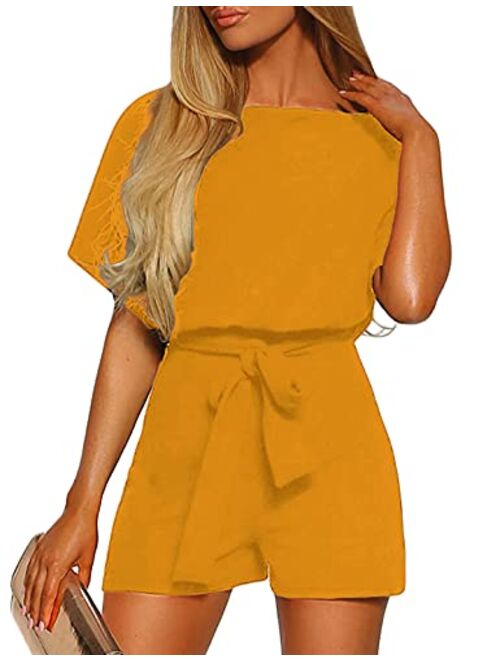 LookbookStore Women Mesh Panel Bell Sleeve Self-Tie Belted Short Romper Jumpsuits