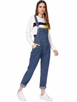 Womens Casual Bib Straight Leg Denim Jean Overall Jumpsuit with Pocket