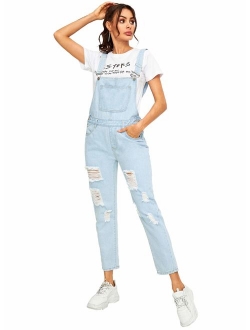 Womens Casual Bib Straight Leg Denim Jean Overall Jumpsuit with Pocket