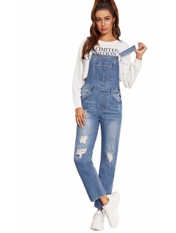 Womens Casual Bib Straight Leg Denim Jean Overall Jumpsuit with Pocket