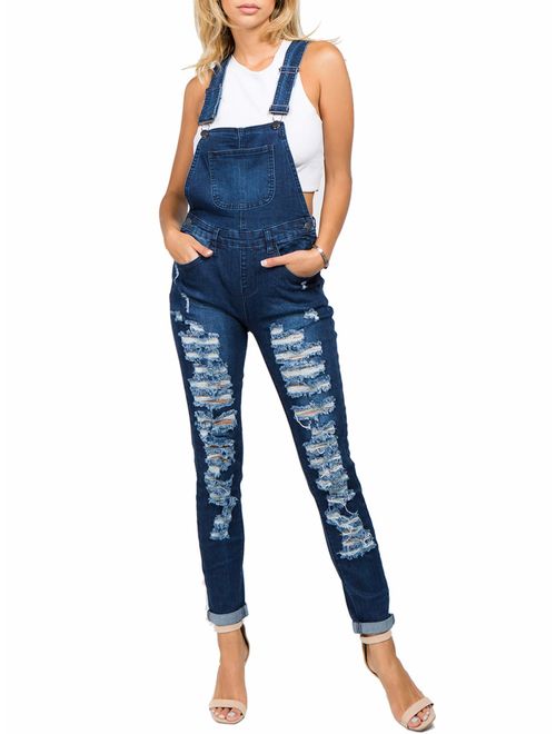 Love Moda Women's Sexy Distressed Slim Fit Skinny Overalls with Spandex