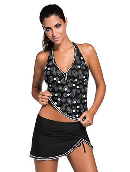 REKITA Womens Swimsuit Halter Tankini Top and Skort Bottom Set Bathing Suits