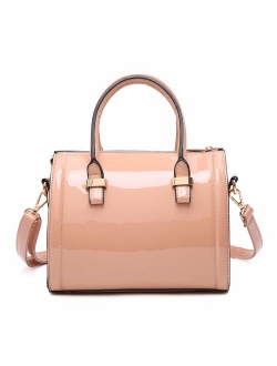 Shiny Patent Faux Leather Handbags Barrel Top Handle Satchel Bag Shoulder Bag for Women