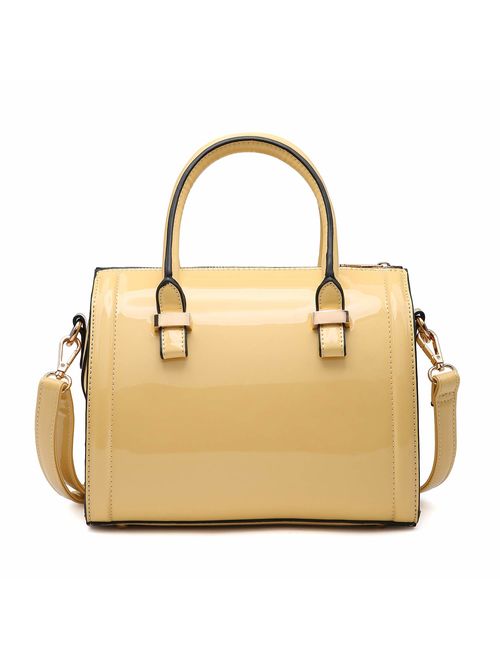 DASEIN Shiny Patent Faux Leather Handbags Barrel Top Handle Satchel Bag Shoulder Bag for Women