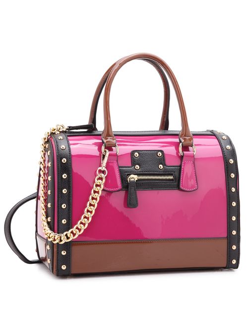 DASEIN Shiny Patent Faux Leather Handbags Barrel Top Handle Satchel Bag Shoulder Bag for Women