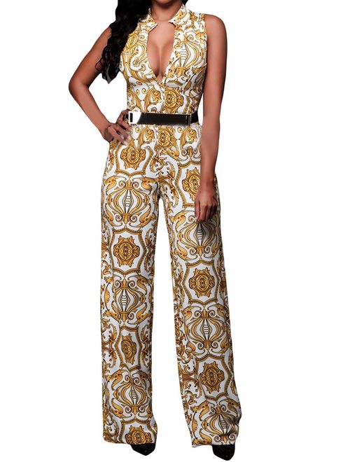 Pink Queen Womens Button Up Printed Long Wide Leg Pant Party Jumpsuits with Belt