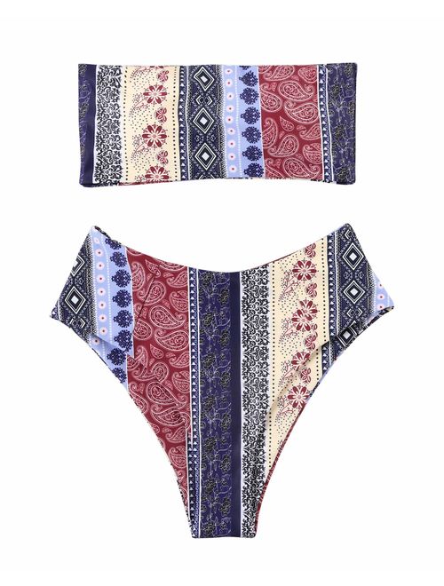 OMKAGI Women's 2 Pieces Bandeau Bikini Swimsuits Off Shoulder High Waist Bathing Suit High Cut