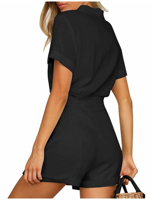 Vetinee Womens Summer Pocket Belted Romper Button Short Sleeve Jumpsuit Playsuit