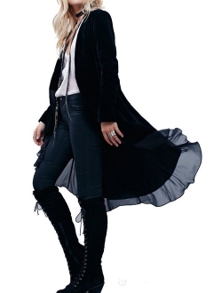 R.Vivimos Womens Ruffled Asymmetric Long Velvet Blazers Coat Casual Jackets