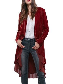 R.Vivimos Womens Ruffled Asymmetric Long Velvet Blazers Coat Casual Jackets