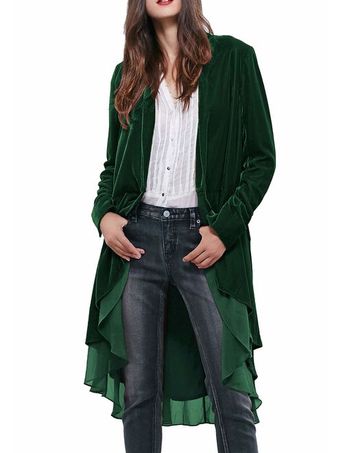 R.Vivimos Womens Ruffled Asymmetric Long Velvet Blazers Coat Casual Jackets