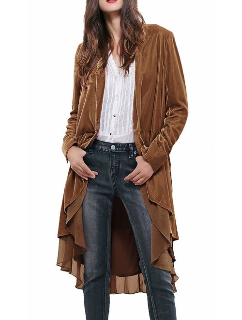 R.Vivimos Womens Ruffled Asymmetric Long Velvet Blazers Coat Casual Jackets