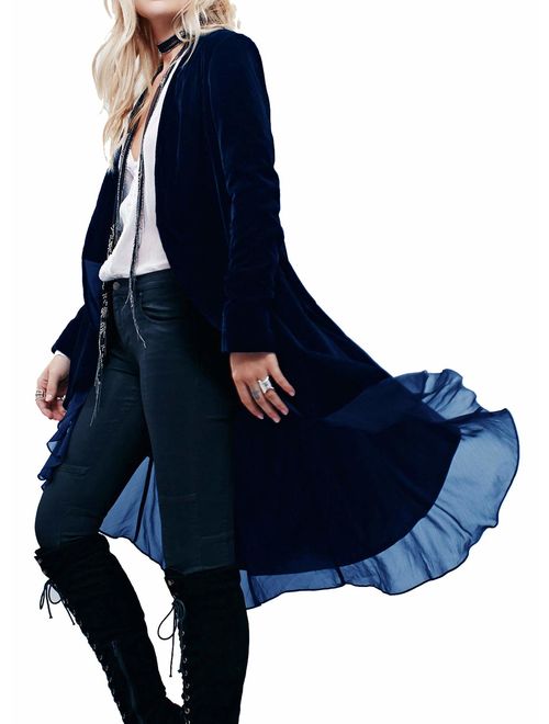 R.Vivimos Womens Ruffled Asymmetric Long Velvet Blazers Coat Casual Jackets