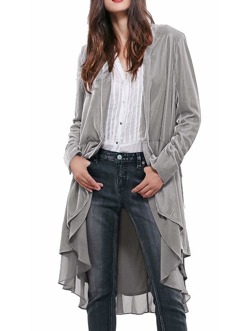 R.Vivimos Womens Ruffled Asymmetric Long Velvet Blazers Coat Casual Jackets