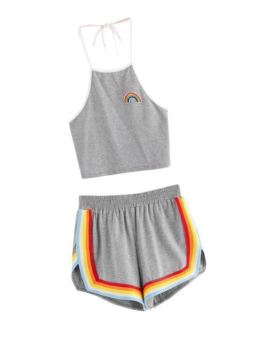 SweatyRocks Women's 2 Piece Set Halter Crop Top and Shorts Set