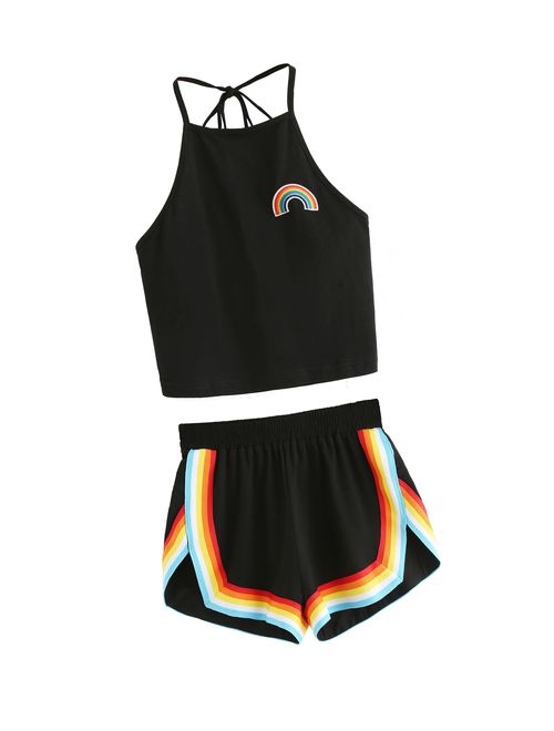 SweatyRocks Women's 2 Piece Set Halter Crop Top and Shorts Set