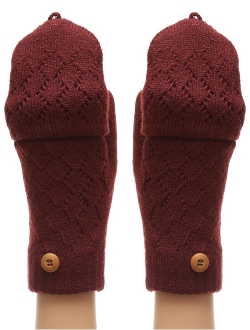 MIRMARU Women's Knitted Fingerless Mitten Gloves with Flip Cover with Faux Fur Lining