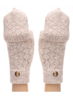 MIRMARU Women's Knitted Fingerless Mitten Gloves with Flip Cover with Faux Fur Lining