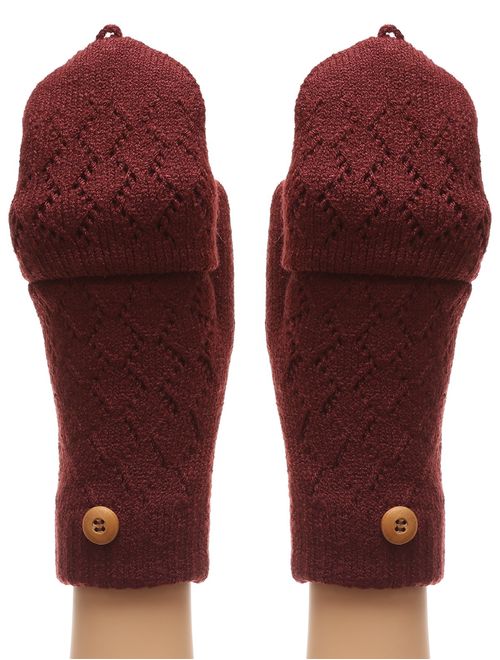 MIRMARU Women's Knitted Fingerless Mitten Gloves with Flip Cover with Faux Fur Lining