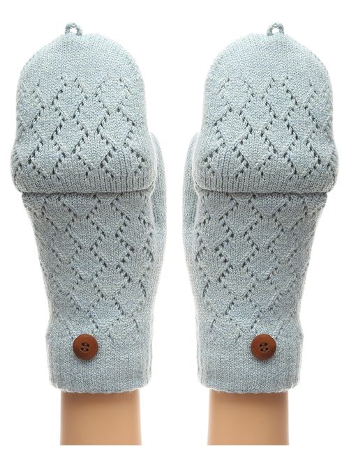 MIRMARU Women's Knitted Fingerless Mitten Gloves with Flip Cover with Faux Fur Lining