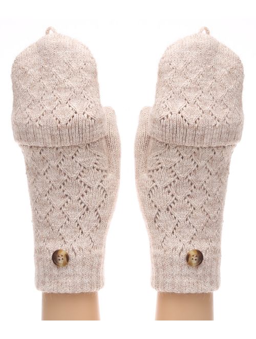 MIRMARU Women's Knitted Fingerless Mitten Gloves with Flip Cover with Faux Fur Lining