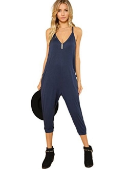 DIDK Women's V Neck Spaghetti Strap Harem Leg Cami Jumpsuit