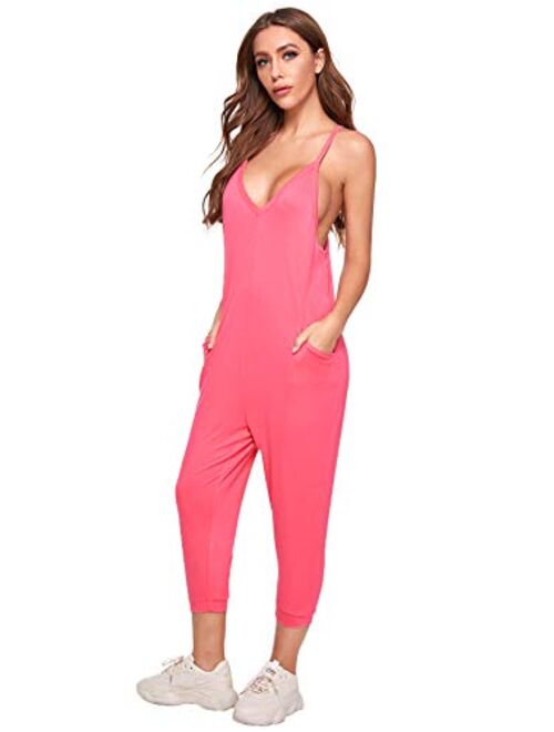 DIDK Women's V Neck Spaghetti Strap Harem Leg Cami Jumpsuit