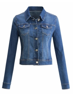 URBAN K Womens Long-Sleeve Distressed Button Up Denim Jean Jacket Regular & Plus Size