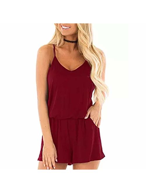 Artfish Womens Summer Loose Spaghetti Strap Short Rompers Jumpsuits with Pocktes