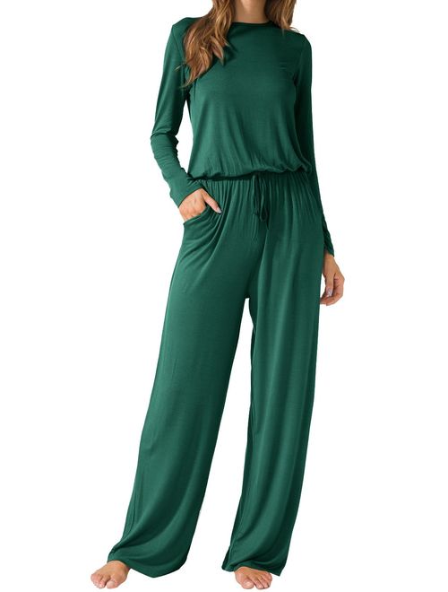 LAINAB Women's O Neck Loose Wide Legs Casual Jumpsuits with Pockets