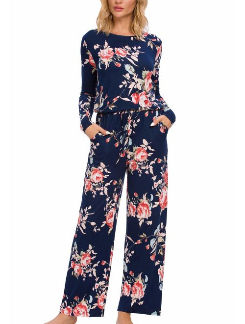 LAINAB Women's O Neck Loose Wide Legs Casual Jumpsuits with Pockets