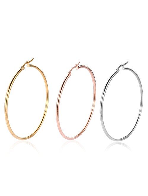 FIBO STEEL 3-8 Pairs Stainless Steel Hoop Earrings Set for Women 40-70mm