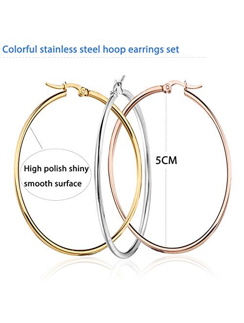 FIBO STEEL 3-8 Pairs Stainless Steel Hoop Earrings Set for Women 40-70mm