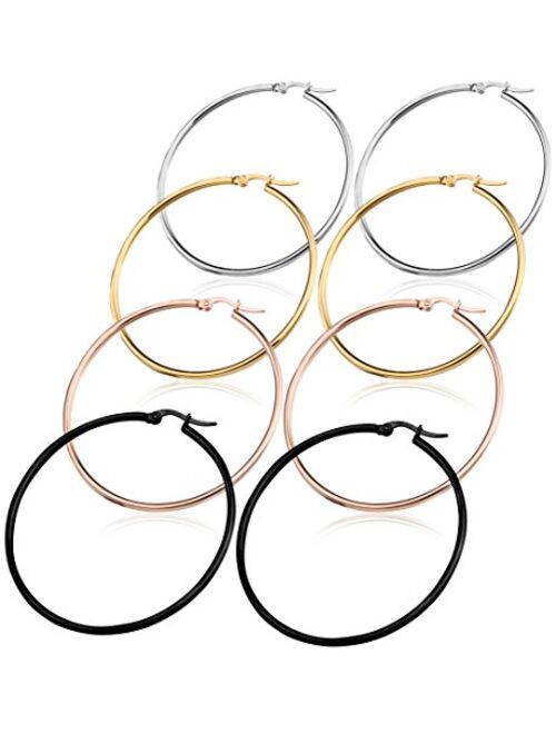 FIBO STEEL 3-8 Pairs Stainless Steel Hoop Earrings Set for Women 40-70mm