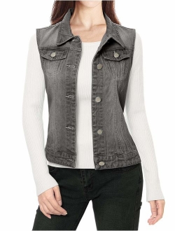 Women's Buttoned Washed Denim Vest Jacket w Chest Flap Pockets