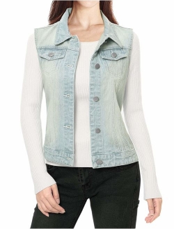 Women's Buttoned Washed Denim Vest Jacket w Chest Flap Pockets