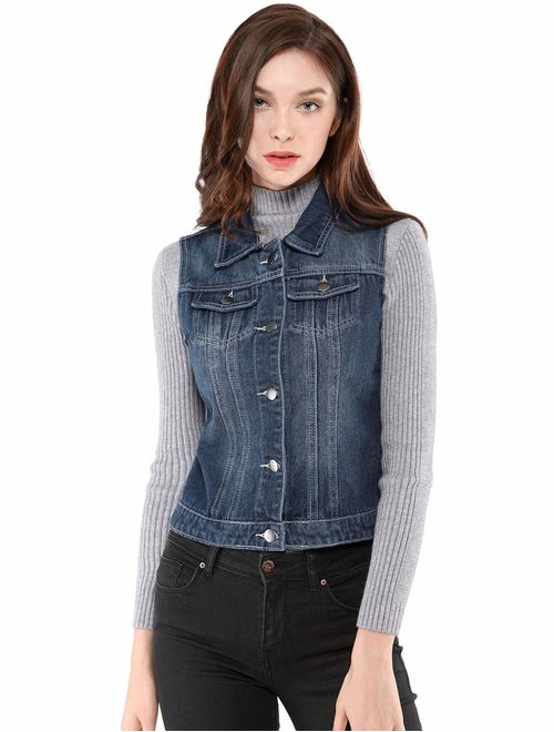 Allegra K Women's Buttoned Washed Denim Vest Jacket w Chest Flap Pockets