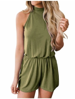 Fadalo Women's Sleeveless Halter Neck Solid Color Elastic Waist Short Jumpsuit Romper with Pockets